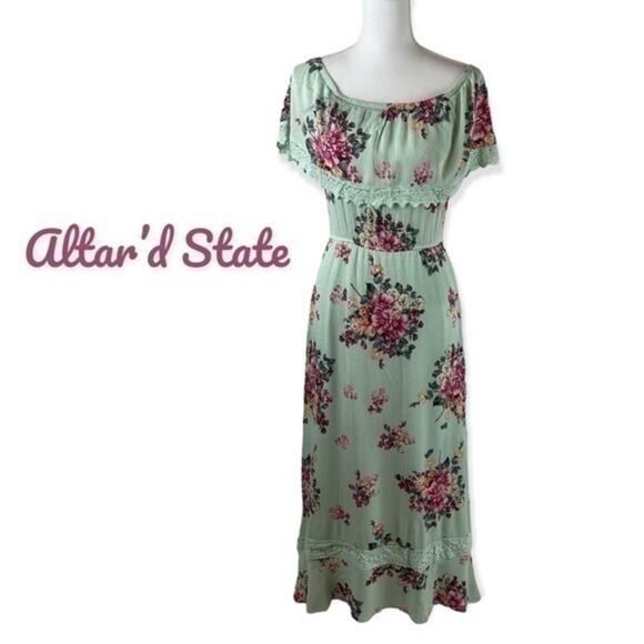 Altar’d State Pale Green Floral Lace Prairie Boho Cottage Maxi Dress NWOT Size S - Picture 2 of 12
